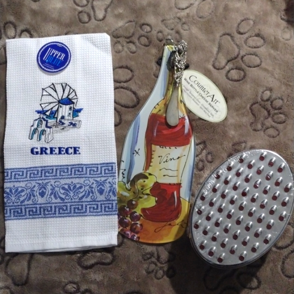 Greece Dish Towel, Cheese Grater and Wine Bottle Cheese Server New